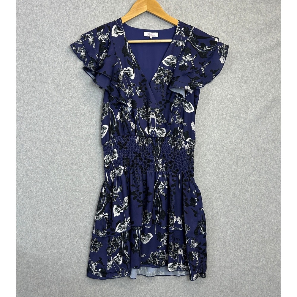 Parker Paradise Tiered Ruffle Mini Dress Navy Blue Floral Smocked Waist Size XS